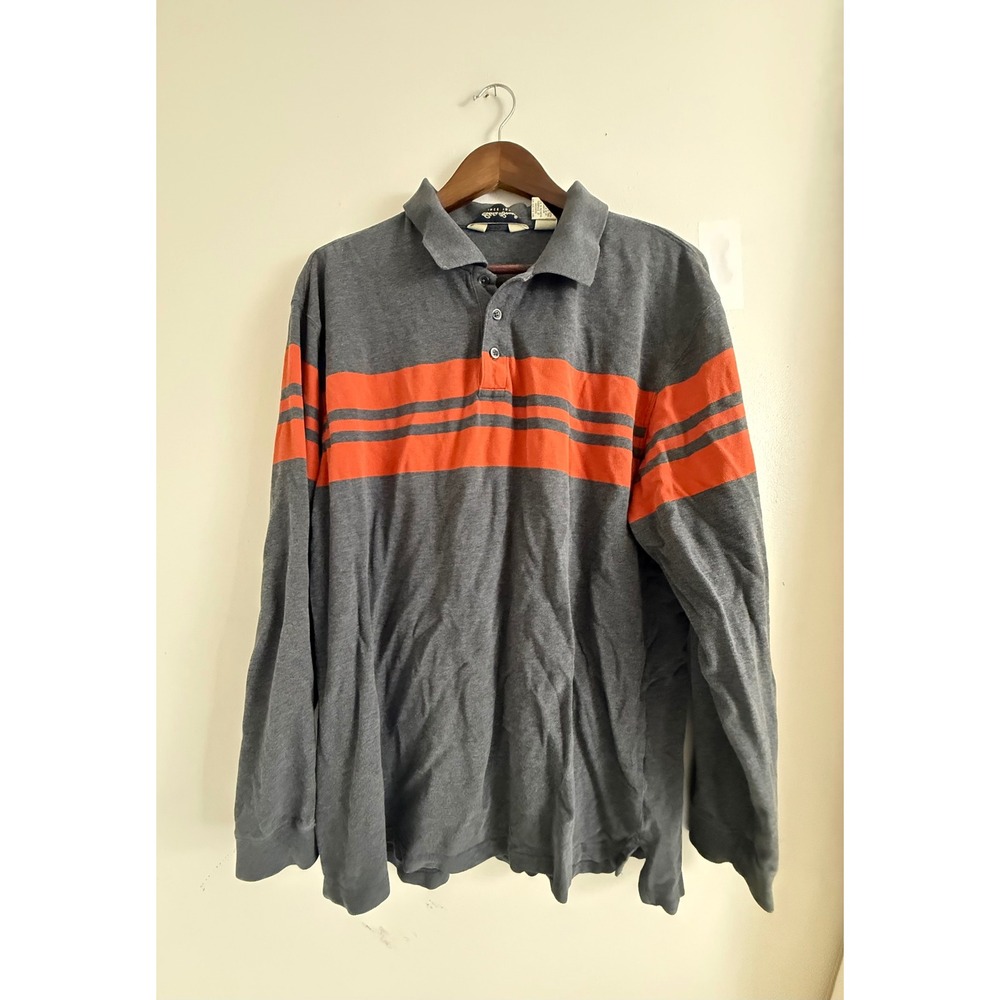 Eddie Bauer Mens Long Sleeve Polo Shirt Large Gray Orange Striped Cotton Pique